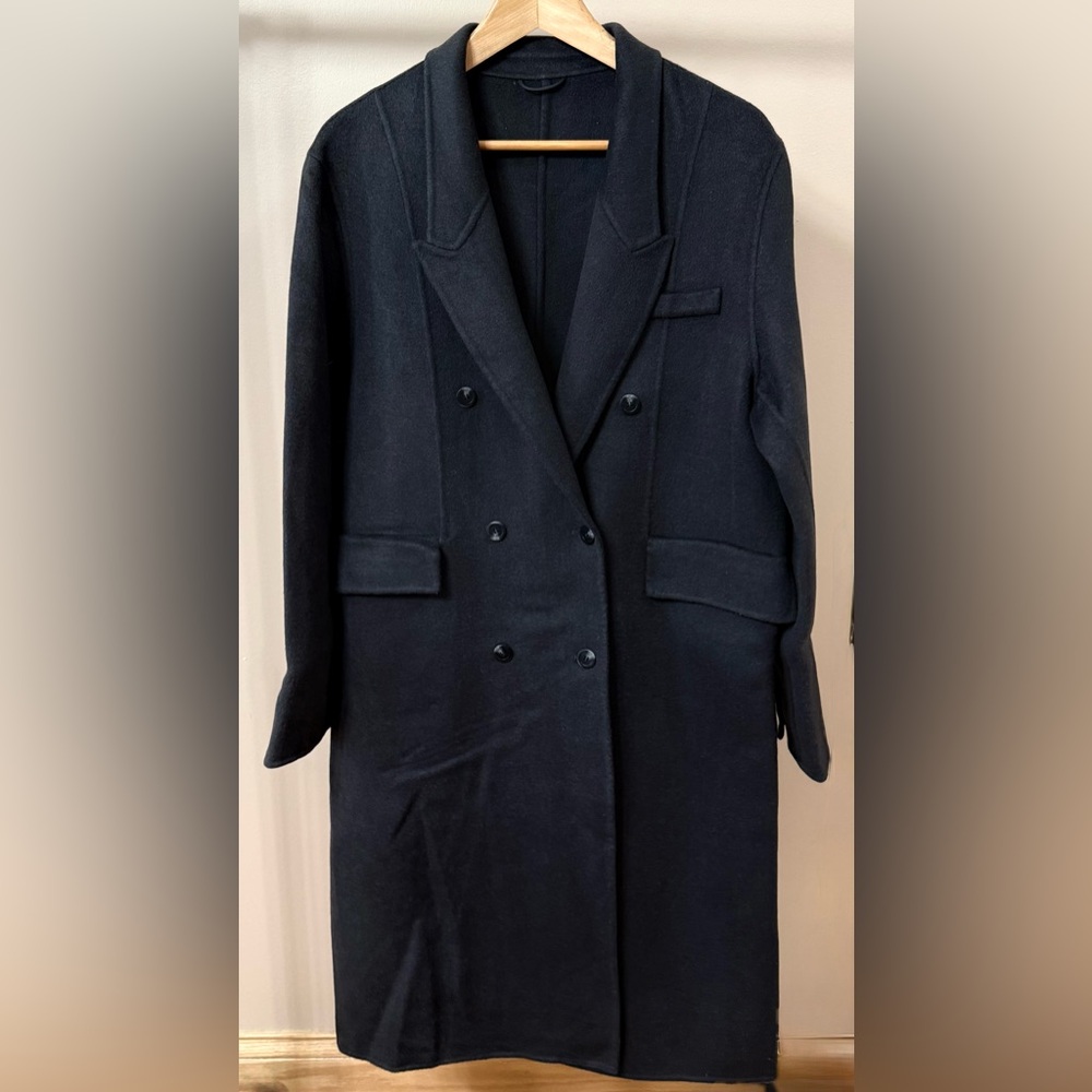 Classic Unisex Dark Grey Long Wool Hand-made Double Breasted Coat Size L